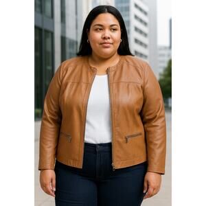 Baccini Plus Size 3X Faux Leather Jacket Tan Brown Zip Front Pockets Moto Style